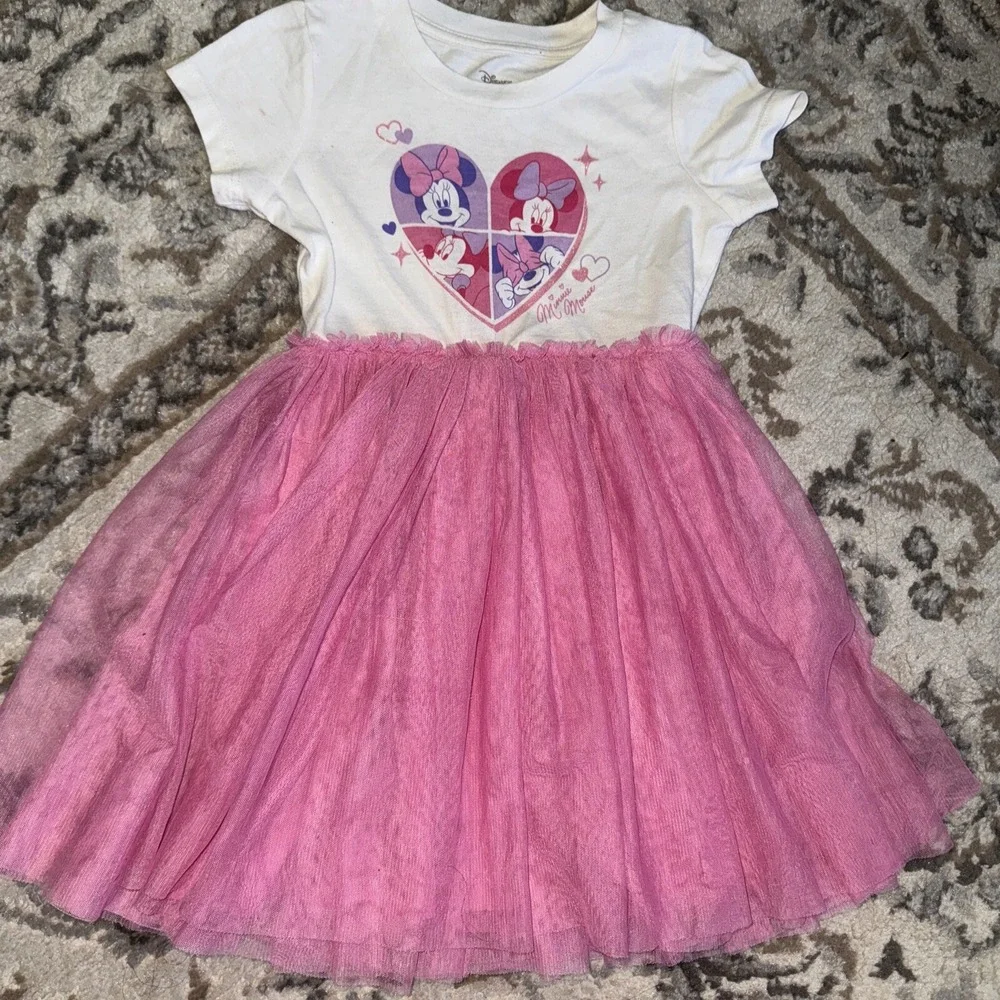 Disney Minnie Mouse Girls Printed Short Sleeve Pink Tulle Tutu Dress Size XS 4/5
